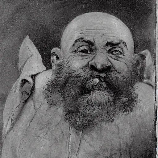 Image similar to a diamond-hungry dwarf with bulging eyes, puffed-out veins with outstretched fingers in the style of Ilya Repin