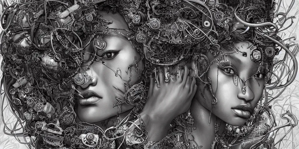 Image similar to hyperrealistic photography of a highly detailed and symmetrical gorgeous black female demigorgon deconstructing a poetry machine in the style of Jin Kagetsu, James Jean and wlop, highly detailed, face symmetry, masterpiece, award-winning, sharp focus, intricate concept art, ambient lighting, 8k, artstation