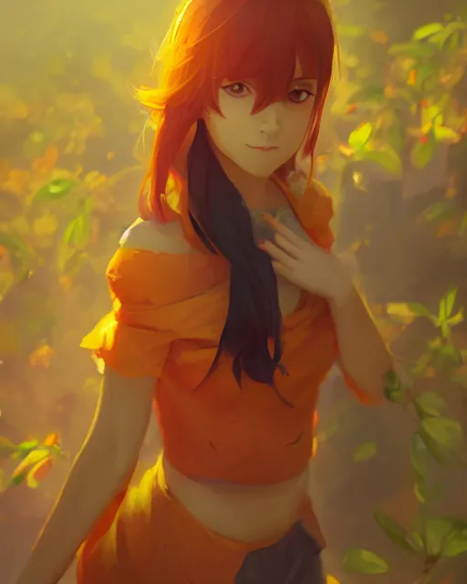 Image similar to a girl dressed as a mango fruit, mango color scheme, full shot, atmospheric lighting, detailed face, by makoto shinkai, stanley artgerm lau, wlop, rossdraws