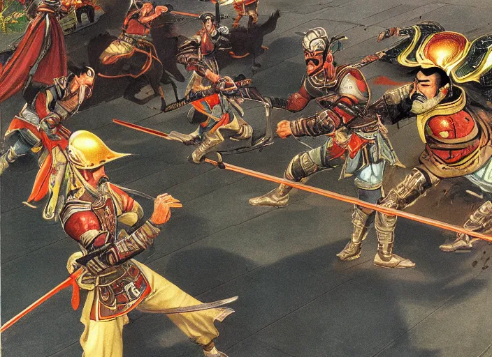 Image similar to lu bu versus zhang fei, guan yu, and liu bei as illustrated by ralph mcquarrie during the golden hour