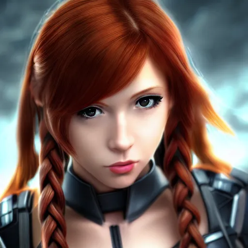 Prompt: black widow render as a very beautiful 3d anime girl, hot petite, long braided hair, hazel eyes, full round face, short smile, cinematic lightning, medium shot, mid-shot, highly detailed, trending on Artstation, Unreal Engine 4k, cinematic wallpaper