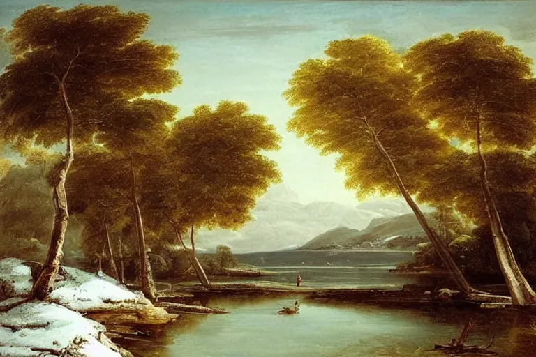 Image similar to beautiful landscape with winter and lake and coconut trees, mythology, fantasy, landscape background, vivid colors, digital painting, very detailed, realistic, high quality, by claude lorrain