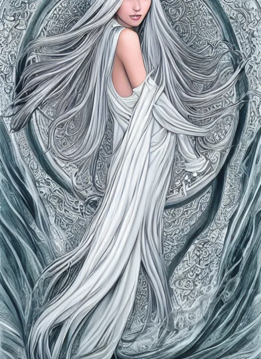 Image similar to tall thin beautiful goddess, pale wan female angel, long flowing silver hair covering her whole body, beautiful!!! painting, young face pale skin wan angel, flowing silver hair, flowing white robes, flowing hair covering front of body, white robe, white dress!! of silver hair, covered!!, clothed, unexposed, intricate robes beautiful aesthetic, mystery