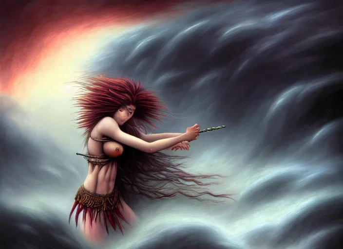 Image similar to realistic detailed image of a female Amazon warrior auburn hair blowing in an angry, stormy mountain top, anime art, anime, inspired by Mark Ryden and H.R. Giger and Zdzislaw Beksinski, gothic, rich deep colors. A masterpiece.