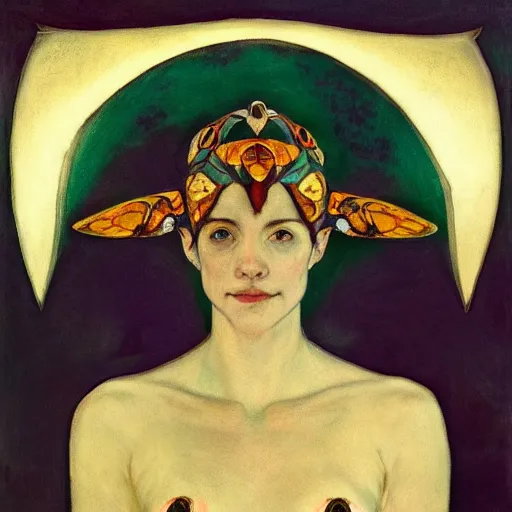 Prompt: the moth crown, by Annie Swynnerton and Nicholas Roerich, bioluminescent skin, tattoos, elaborate costume, geometric ornament, symbolist, smooth, sharp focus, extremely detailed, featured on artstation