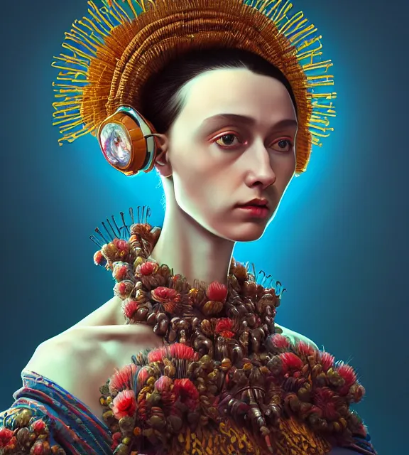 Image similar to colour caravaggio style photography of highly detailed beautiful woman with 1 0 0 0 years perfect face and wearing detailed ukrainian folk costume designed by taras shevchenko also wearing highly detailed retrofuturistic sci - fi neural interface designed by josan gonzalez. many details in style of josan gonzalez and mike winkelmann and andgreg rutkowski and alphonse muchaand
