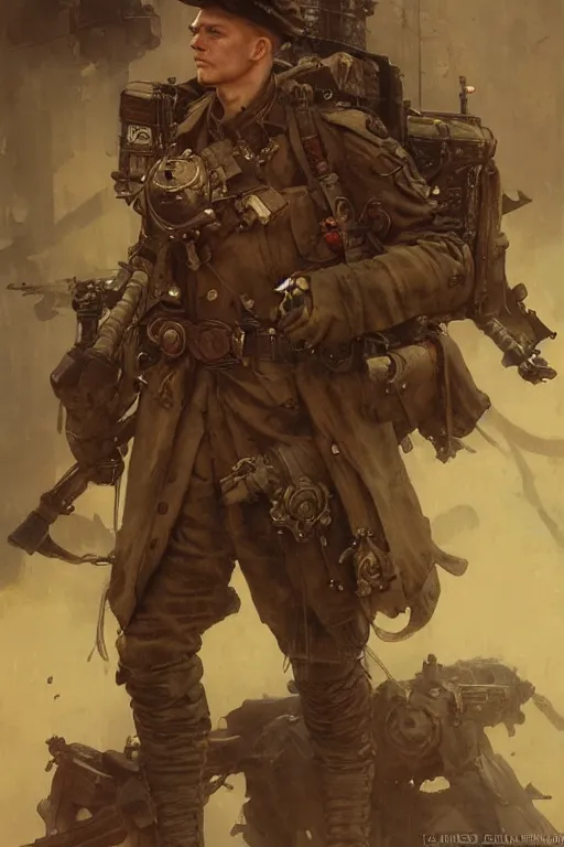 Image similar to dieselpunk military character concept art, painted by ruan jia, raymond swanland, lawrence alma tadema, zdzislaw beksinski, norman rockwell, jack kirby, tom lovell, alex malveda, greg staples