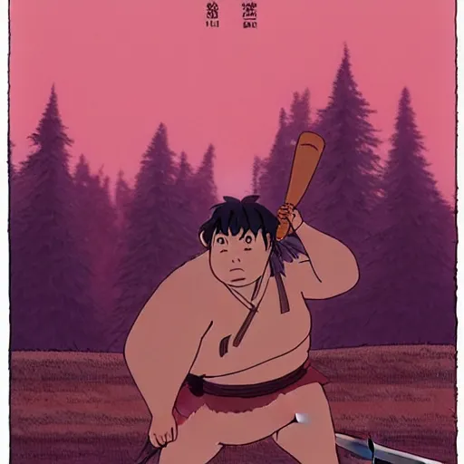 Prompt: a still from princess mononoke ( 1 9 9 7 ) film of a short fat samurai, daytime on a baseball field. full body, wide shot, very muted colors, post grunge, studio ghibli, laurie greasley, highly detailed, deviantart, art by artgem