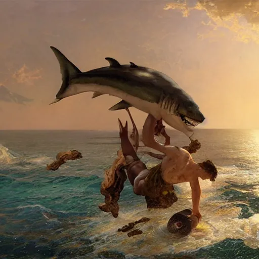 Image similar to megalodon designed in ancient Greece, (SFW) safe for work, photo realistic illustration by greg rutkowski, thomas kindkade, alphonse mucha, loish, norman rockwell