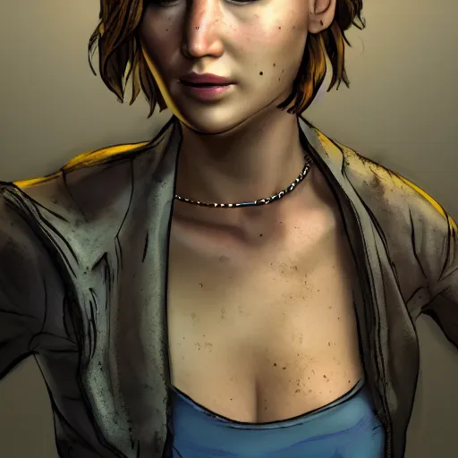 Image similar to jennifer lawrence portrait, borderlands, tales from the borderlands, the wolf among us, comic, cinematic lighting, studio quality, 8 k