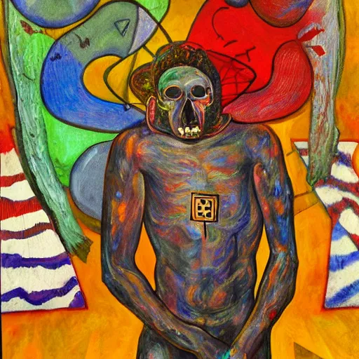 Image similar to portre of an autistic demon on acid, masonic and kabalistic symbols in background, oil painting