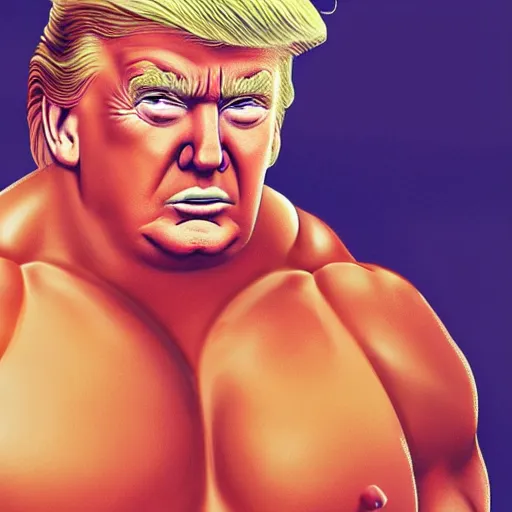 Prompt: extremely buff Donald Trump, steroids, testosterone, lifting weights, laughing, surrounded by women in swimsuits, trending on artstation, hyper realistic, golden hour