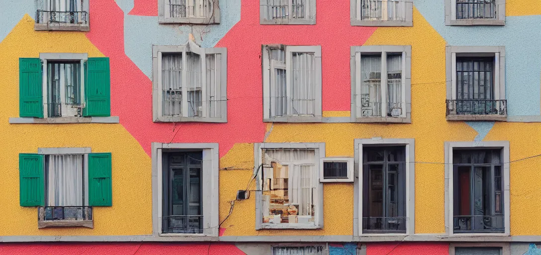 Image similar to house in porto with multicolored tiles. photographed by wes anderson on fujinon premista 1 9 - 4 5 mm t 2. 9. portra 8 0 0.