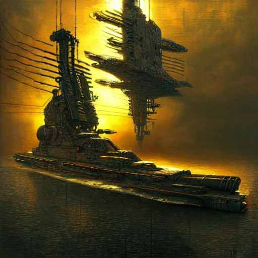 Image similar to cyberpunk battleship hovering, atmospheric lighting, painted, intricate, golden hour, ultra detailed by peter gric, giger, enki bilal