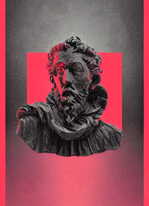 Image similar to dark design poster showing a statue of marcus aurelius, black background with very subtle red and purple design elements, powerful, nekro, vito acconci, thin straight lines, dark, glitch art, neo vaporwave, gritty, layout frame, square, trending on artstation