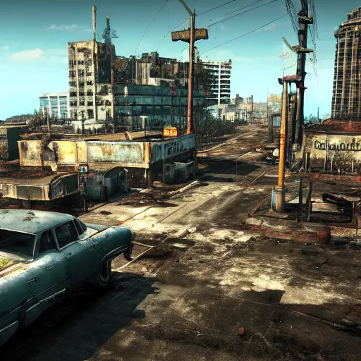 Image similar to Miami in ruins post-nuclear war in Fallout 4, in game screenshot