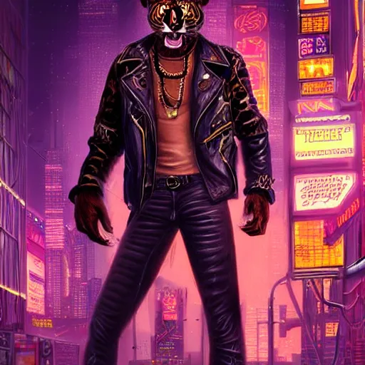 Image similar to a beautfiul award winning commission portrait of an anthro tiger in the neon cyberpunk city at night,wearing a leather jacket,glow effect,detailed face,photorealistic,character design by charles bowater,ross tran,deviantart,artstation,digital art,hyperdetailed,realistic,western comic style,vfx,dramatic,2021