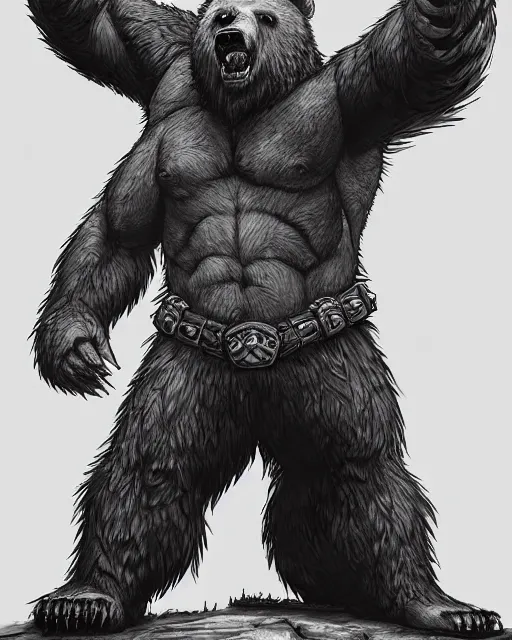 Image similar to anthropomorphic rugged grizzly bear!!! with furry!! oversized barbarian muscular armored upper body, action battle pose,long hair, 👅 👅 , D&D, fantasy, intricate, elegant, highly detailed, digital painting, artstation, concept art, smooth, sharp focus, illustration, art by artgerm and beeple and greg rutkowski and alphonse mucha