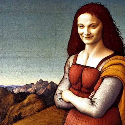 Prompt: Portrait of a smiling Italian woman with arms crossed, against a distant landscape background, 1505. Oil painting by Leonardo da Vinci.