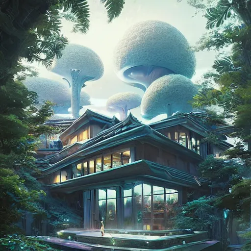 Image similar to highly detailed futuristic house design by kengo kuma, unreal engine, fantasy art by greg rutkowski, loish, rhads, ferdinand knab, makoto shinkai and lois van baarle, ilya kuvshinov, rossdraws, tom bagshaw, global illumination, radiant light, detailed and intricate environment