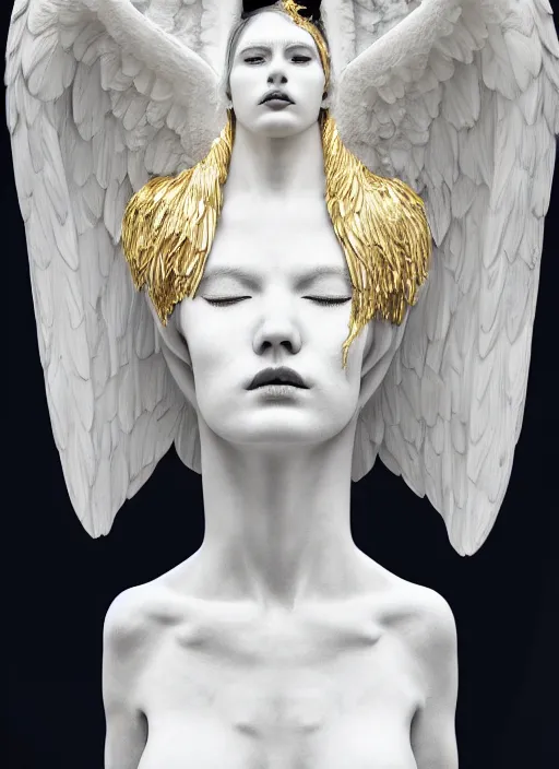 Image similar to statue made of white marble with gold veins, of an beautiful gorgeous angel girl, full body shot, perfect symmetrical body, perfect symmetrical face, no eyes, hyper realistic, hyper detailed, fujicolor superia 1 6 0 0 photo, by johannen voss, by peter kemp, by monia merlo, by michelangelo, octane render, blender