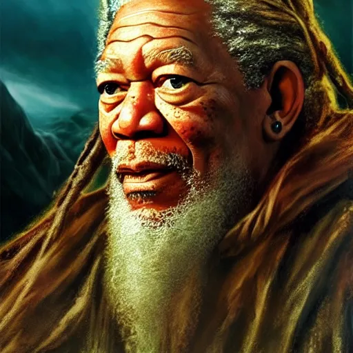 Prompt: morgan freeman starring as gimli in lord of the rings, full body, matte painting, vibrant, colorful, 4 k, artstation, cgsociety