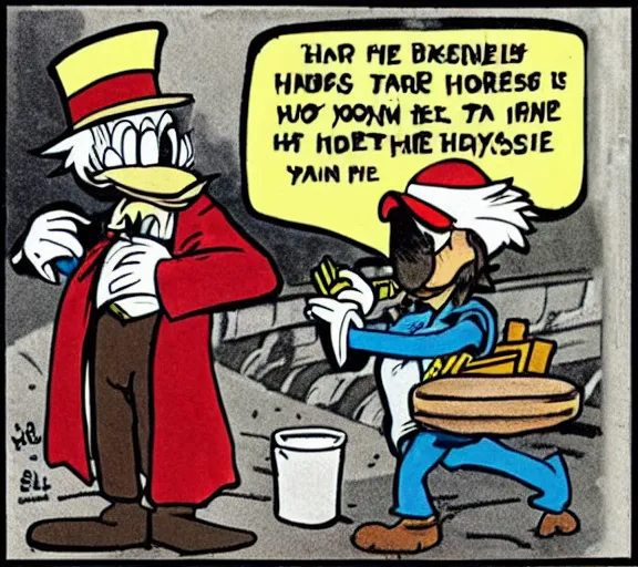 Prompt: homeless Uncle Scrooge asking for money to passerbys under a bridge, comic drawing, very clean