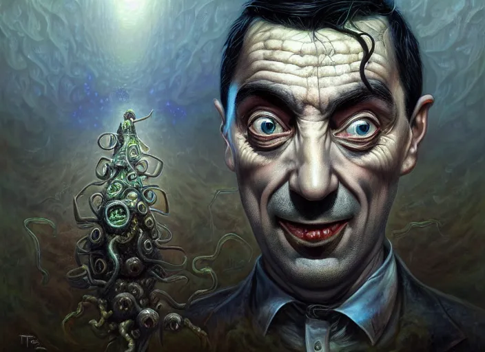 Image similar to lovecraft biopunk portrait of mr bean, fractal background, by tomasz alen kopera and peter mohrbacher