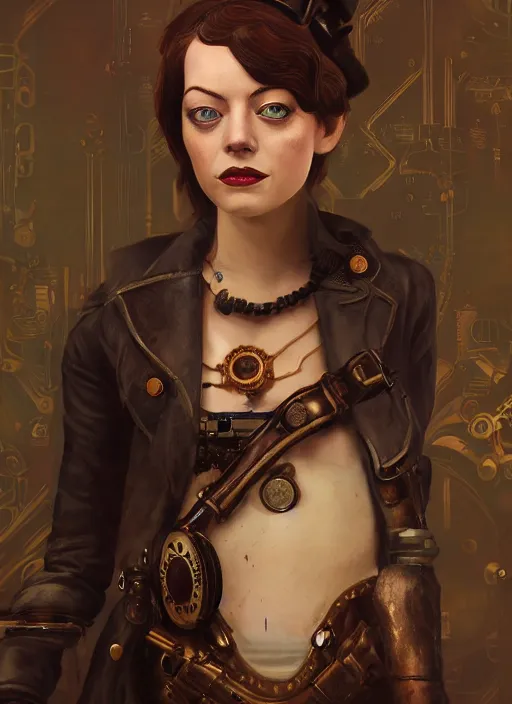 Prompt: Steampunk Bioshock portrait of Emma Stone, au naturel, hyper detailed, digital art, trending in artstation, cinematic lighting, studio quality, smooth render, unreal engine 5 rendered, octane rendered, art style by klimt and nixeu and ian sprigger and wlop and krenz cushart