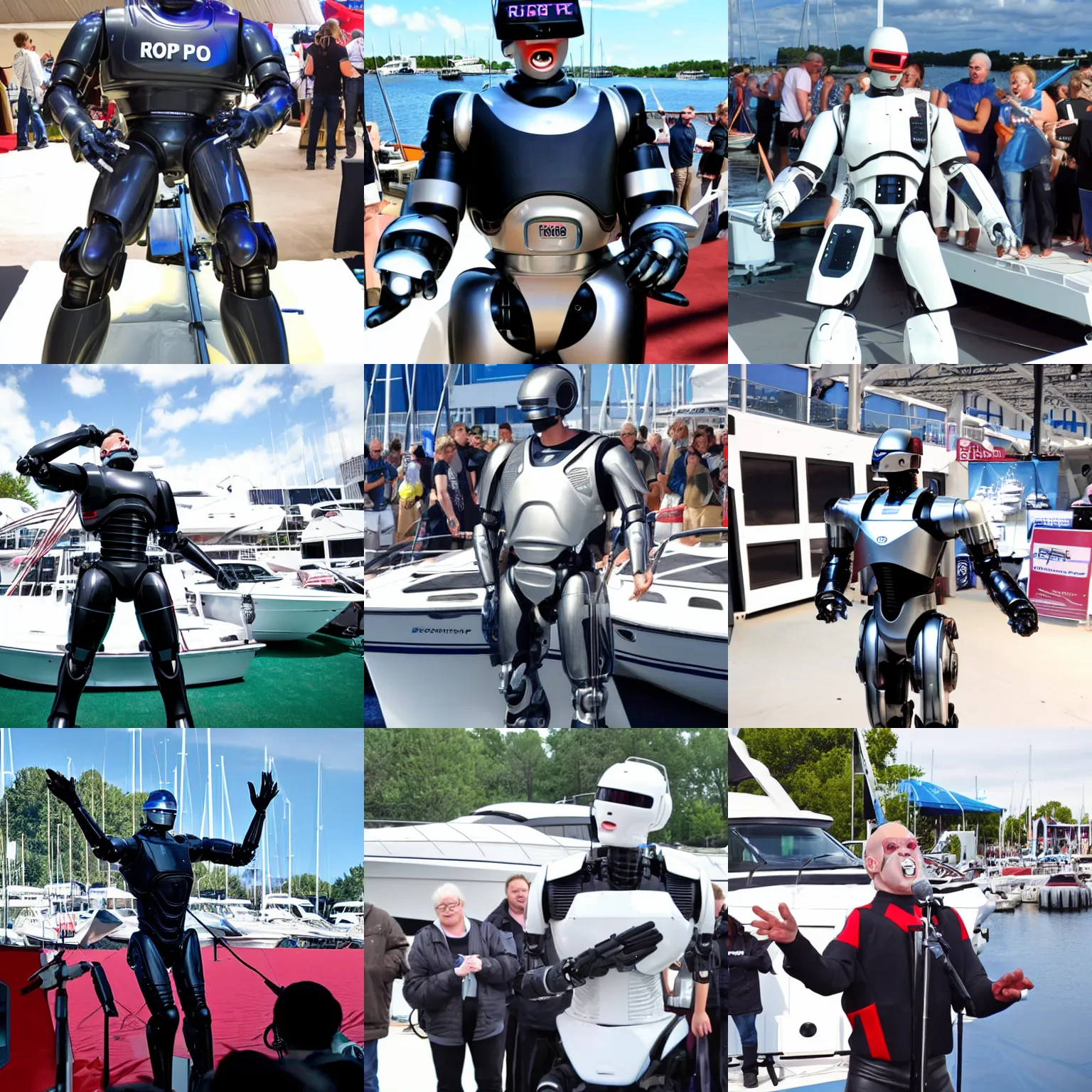 Prompt: robocop singing at a local boat show