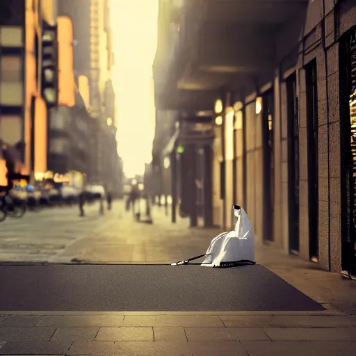 Image similar to ghost under a sheet with a cigarette in mouth, haunting a NYC sidewalk, trending on artstation, 8k, 4k, volumetric lighting, lighthearted, cinematic composition, hd, fun