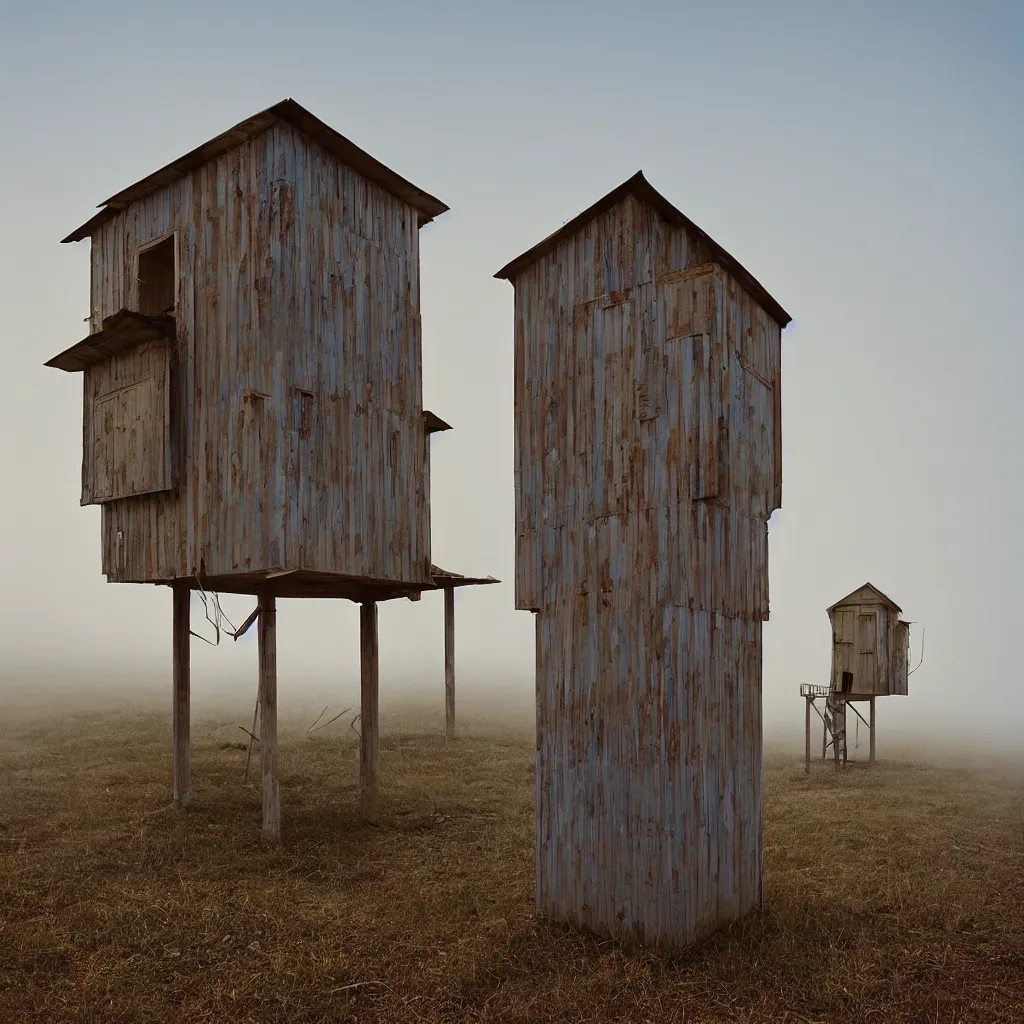Prompt: two high towers, made up of makeshift squatter shacks with faded colours, plain uniform sky at the back, uneven fog, mamiya, fully frontal view, ultra sharp, very detailed, photographed by julie blackmon