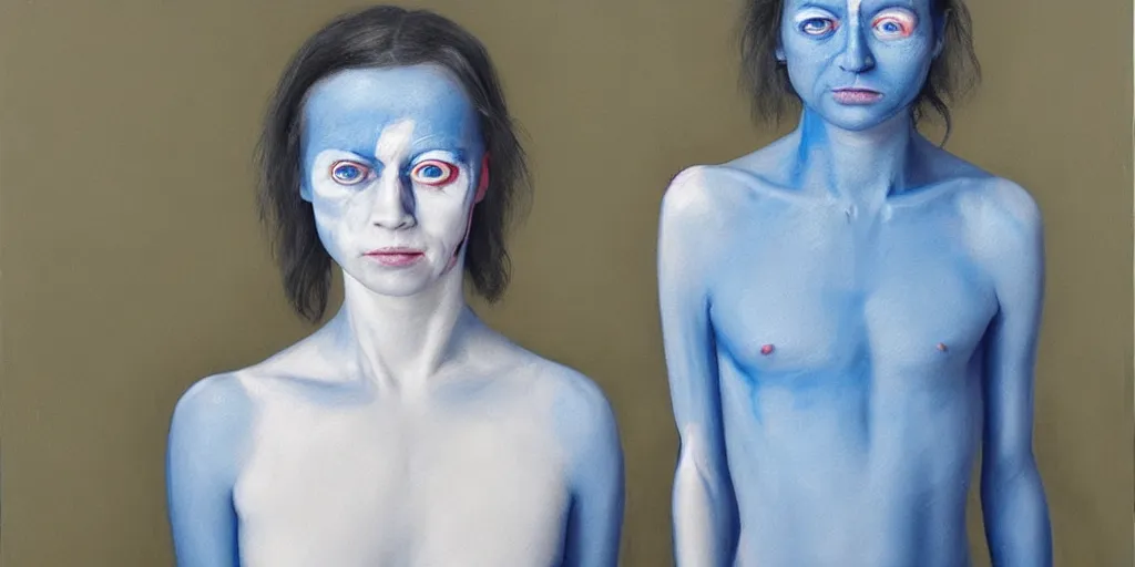 Image similar to with malice, your blue skin, with malice, your blue eyes, with malice, your, white smile with malice, your whole body, at last, with malice, with malice, will it be when i stay awake thinking of her, does she think a little about me? painting by gottfried helnwein