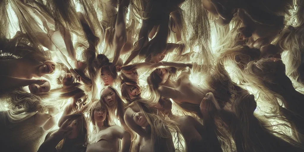 Image similar to love, groups of translucent people with long glowing hair, from below, rebirth, wide angle, cinematic atmosphere, elaborate, highly detailed, dramatic lighting