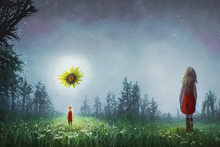 Image similar to giant daisy flowers head, girl walking in dark forest, surreal photography, dark night, stars, moon light, impressionist painting, clouds, digital painting, artstation, simon stalenhag