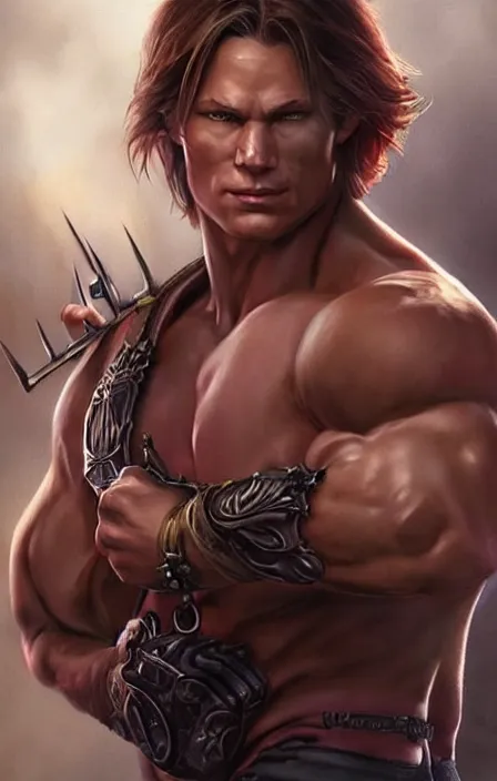 Prompt: pretty muscular sam winchester as a character in a final fantasy art design, character concept, sharp focus!, ultra detailed, art by artgerm and peter andrew jones, wlop