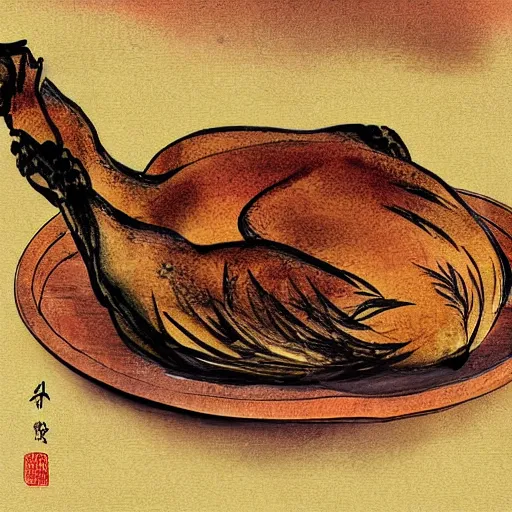 Image similar to food of roast beijing duck, digital art, style of traditional chinese painting