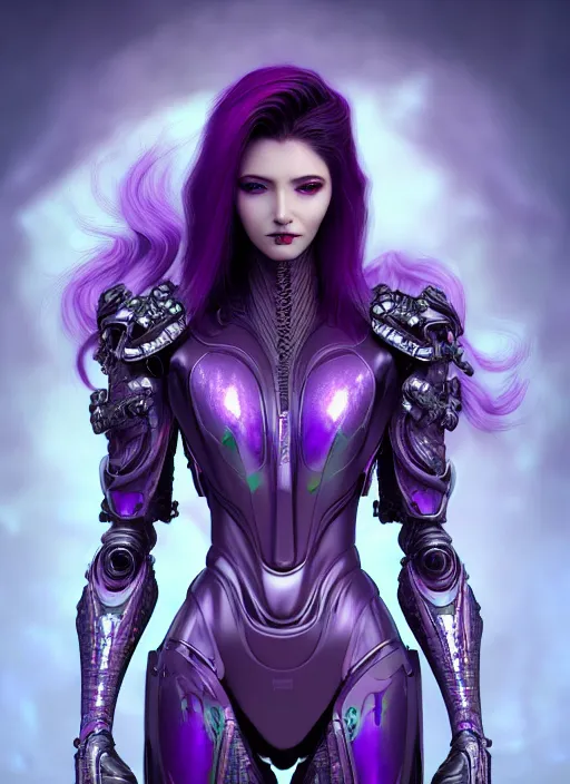 Image similar to a photorealistic detailed image of a beautiful stoic vampire in sci - fi bionic armor with purple hair, detailed, intricate, elegant, highly detailed, digital painting, artstation, concept art, smooth, sharp focus, illustration, art by hana yata, artem demura, alphonse mucha, octane render, unreal engine, 8 k