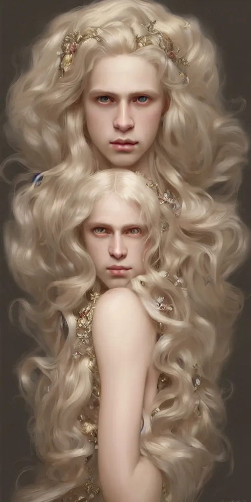 Image similar to a realistic liquid pale blond prince with a decorated dress made of white pearls , highly detailed, digital painting, very very very pale skin, long curly blond hair, Trending on artstation , HD quality, by artgerm and greg rutkowski and alphonse mucha, dramatic light, octane