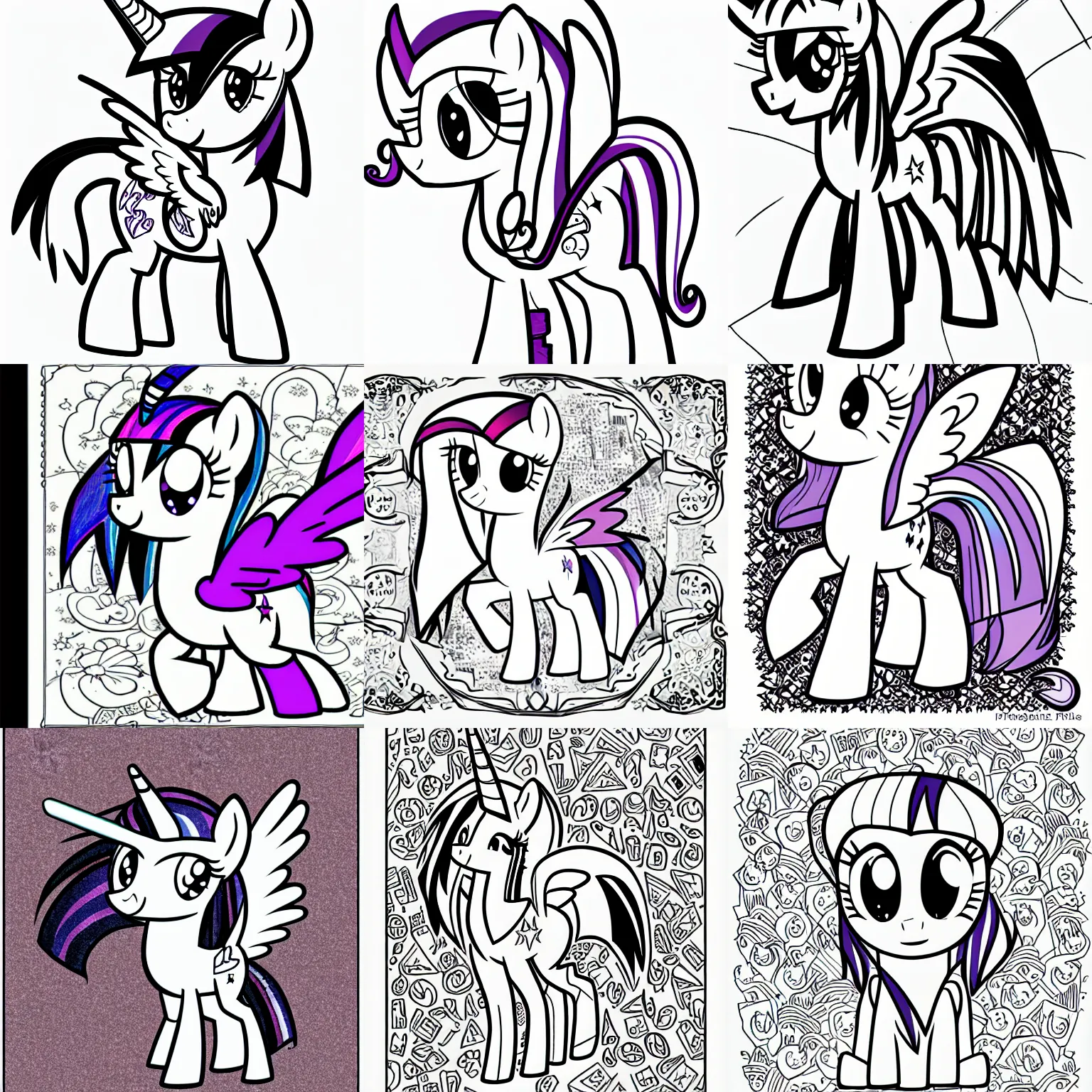 Prompt: Twilight Sparkle from My Little Pony: Friendship is Magic, uncolored black and white page from a coloring book, manga line art