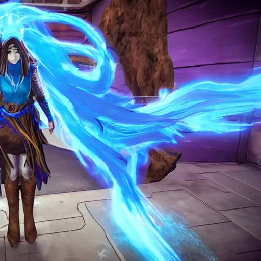 Image similar to a confident mage woman with long blue cape and brown flowing hair!! disovering ark survival evolved! inside a futuristic portal!!