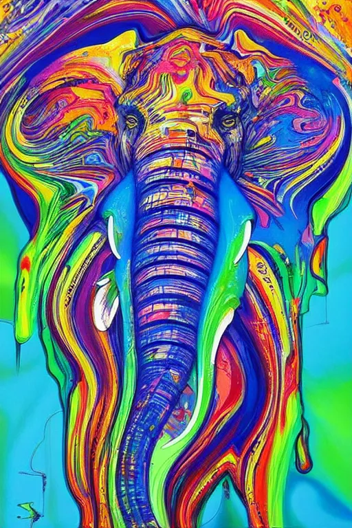 Prompt: fluid dynamics flow art a painting of an elephant with a colorful swirl, acrylic marbling art by sam spratt, deviantart, psychedelic art, psychedelic, cosmic horror, chromatic