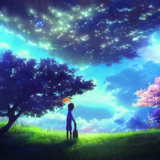 Image similar to a heavenly dream view from the interior of my cozy dream world filled with color from a Makoto Shinkai oil on canvas inspired pixiv dreamy scenery art majestic fantasy scenery fantasy pixiv scenery art inspired by magical fantasy exterior illumination of awe and wonderful magical lantern world