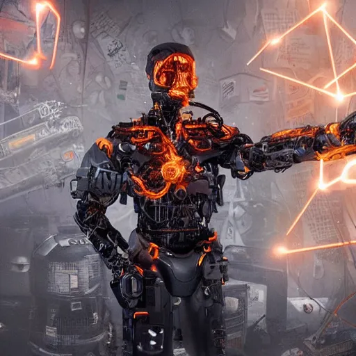 Image similar to cyborg with gatlinger gun hands, tangles of metallic cables, dark messy smoke - filled cluttered workshop, dark, dramatic lighting, orange tint, sparks, plasma charges, cinematic, highly detailed, sci - fi, futuristic, movie still