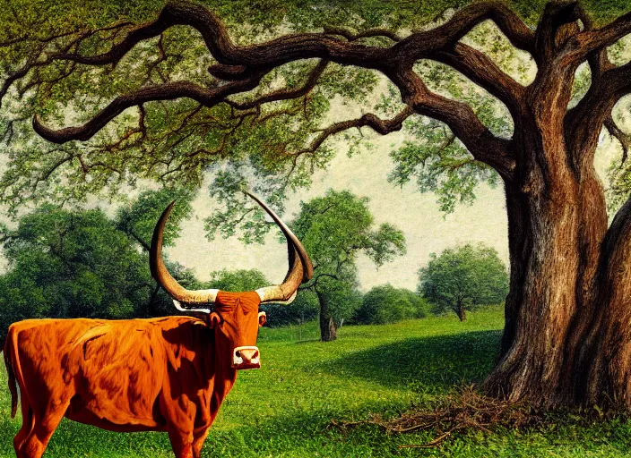 Prompt: an impressionistic painting of a texas longhorn under huge oak tree with spreading branches covering canvas, in the style of george stubbs, digital art, super long shot, concept art