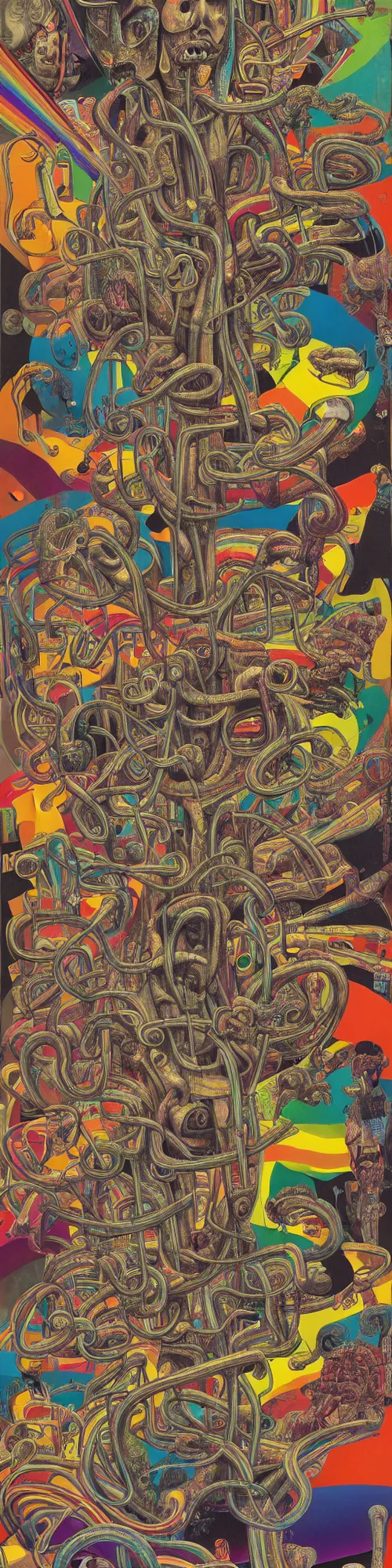Prompt: american excess, large crowd, cubensis, graffiti, tag, wildstyle, bubble letter, melting, conventional collage, cubism, muted but vibrant colors, muted rainbow tubing, dali, r crumb, hr giger, basil wolverton