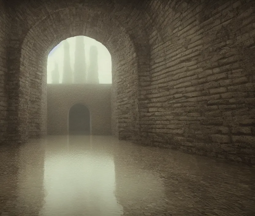 Image similar to tiled room squared waterway, aqueducts, gloomy and foggy atmosphere, octane render, artstation trending, horror scene, highly detailded