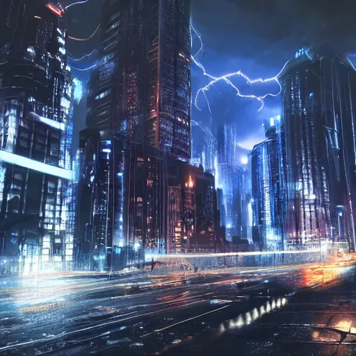 Image similar to cityscape during a lightning storm, futuristic, 8k, ray tracing, volumetric lighting, james verbicky, professional, concept art, artstation hd, trending on social media,