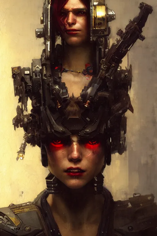 Image similar to full character portrait max mad cyberpunk, cyberpunk solider girl character design, final fantasy face, painting by gaston bussiere, katsuya terada, nc wyeth, greg rutkowski, craig mullins, vermeer, trending on artstation, jeffery catherine jones