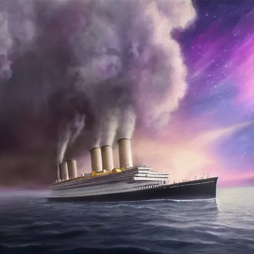 Prompt: hyperrealistic painting of the highly detailed photorealistical ship titanic floating in the space smoke out of the chimney, background space, galaxy, northern lights, mystical light, concept art, art station, award winning art, 8k, octane render, unreal engine 5